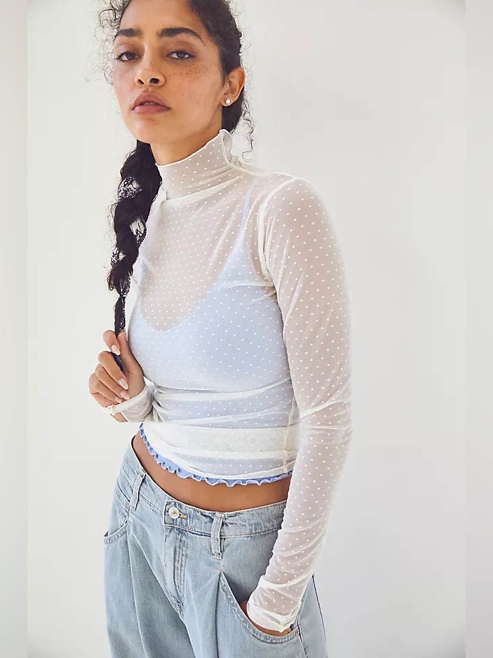 Free People Ivory Sheer Polka Dot Mock Neck Long Sleeve Top
